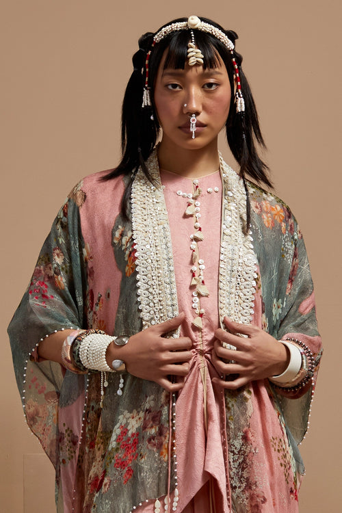 Shell Pink Basque Kurta With Skirt & Veni Dupatta Jacket