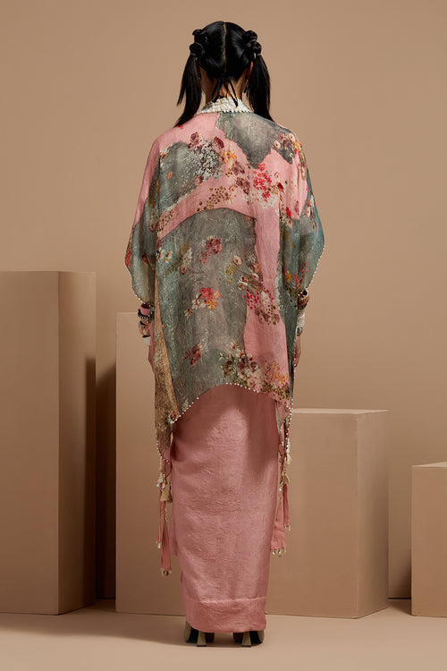 Shell Pink Basque Kurta With Skirt & Veni Dupatta Jacket