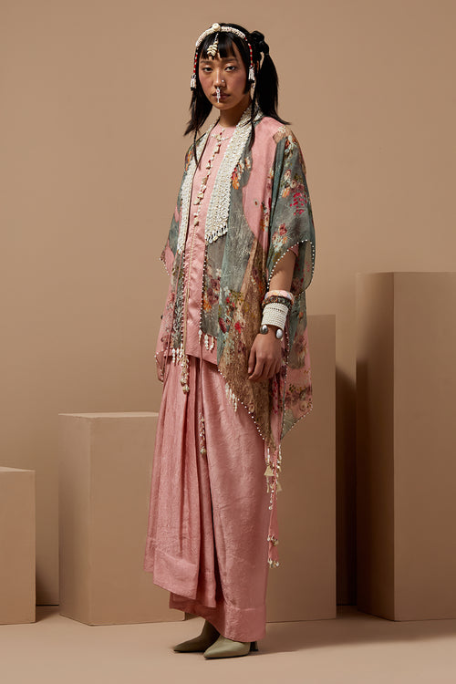 Shell Pink Basque Kurta With Skirt & Veni Dupatta Jacket