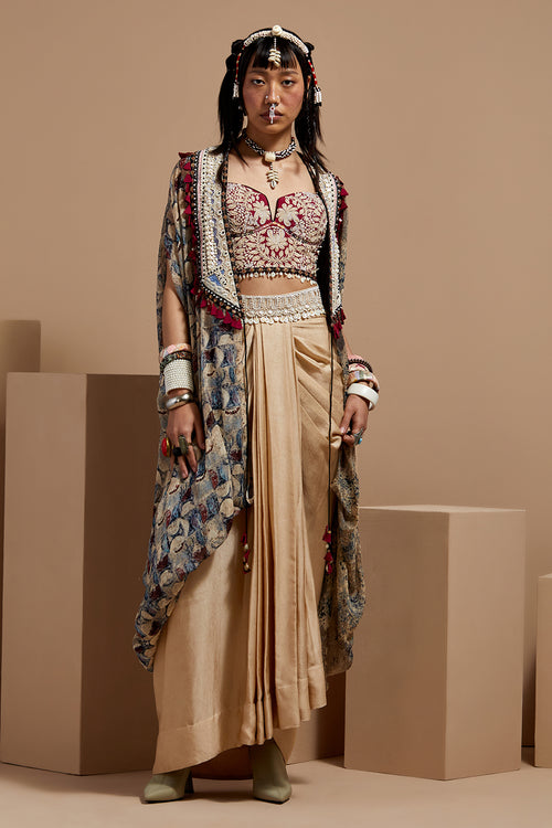 Multi Basque Corset Blouse With Skirt and Ritu Kaftan Dupatta Jacket