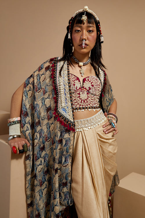 Multi Basque Corset Blouse With Skirt and Ritu Kaftan Dupatta Jacket