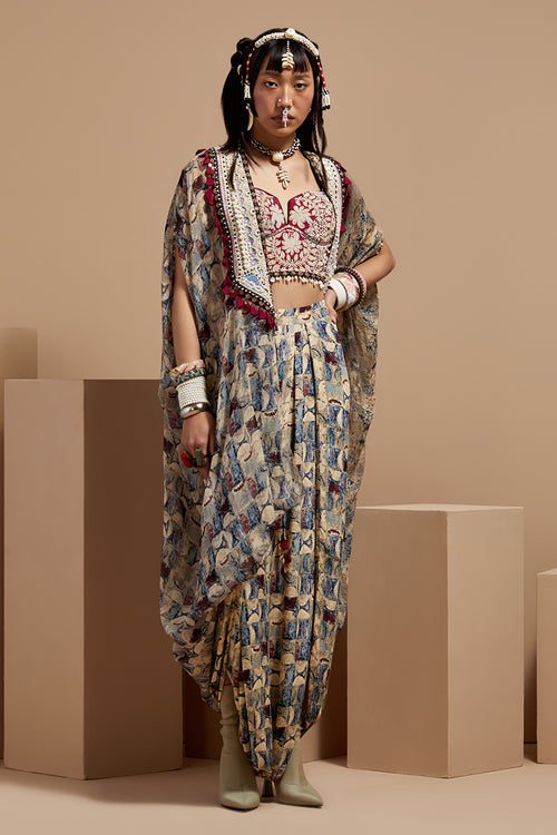 Multi Basque Corset Blouse With Pants and Ritu Kaftan Dupatta Jacket
