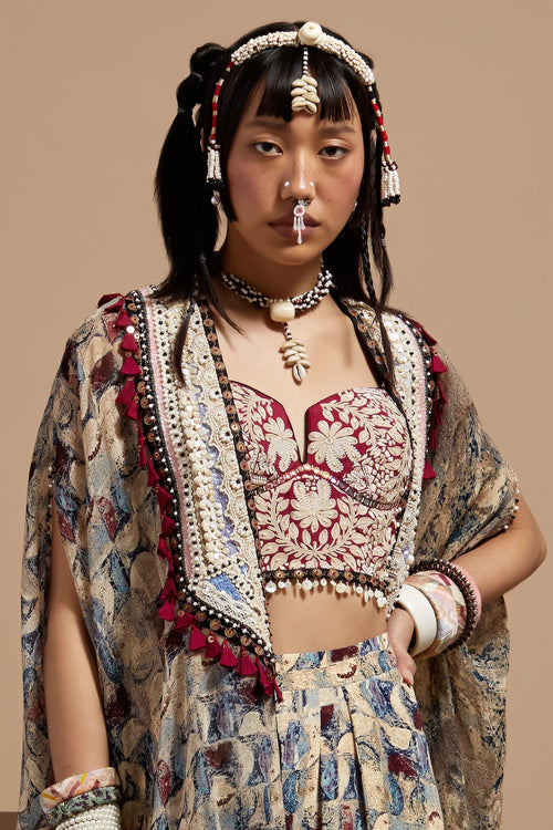Multi Basque Corset Blouse With Pants and Ritu Kaftan Dupatta Jacket