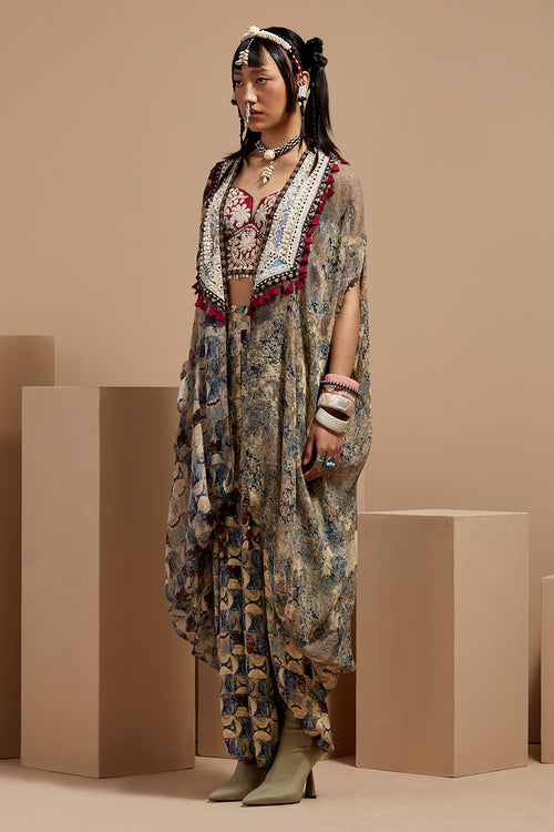 Multi Basque Corset Blouse With Pants and Ritu Kaftan Dupatta Jacket
