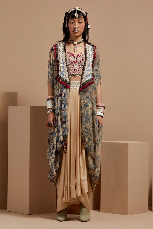 Multi Basque Corset Blouse With Skirt and Ritu Kaftan Dupatta Jacket