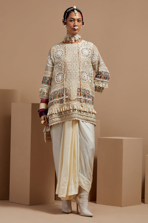 Mogra Basque Mitra Short Kurta With Drape Skirt