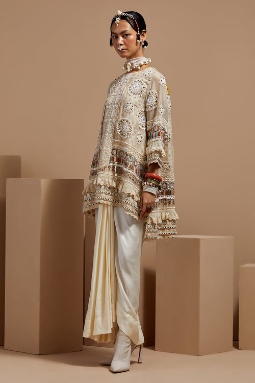 Mogra Basque Mitra Short Kurta With Drape Skirt