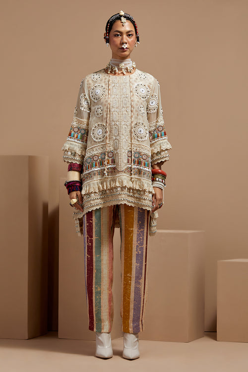 Mogra Basque Mitra Short Kurta With Multi Stripe Pants