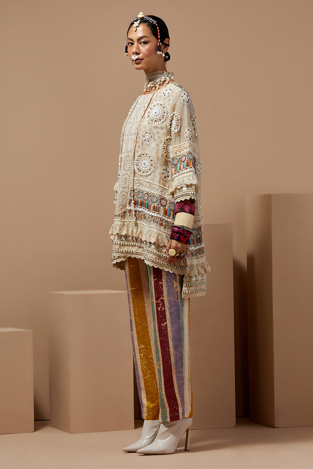 Mogra Basque Mitra Short Kurta With Multi Stripe Pants
