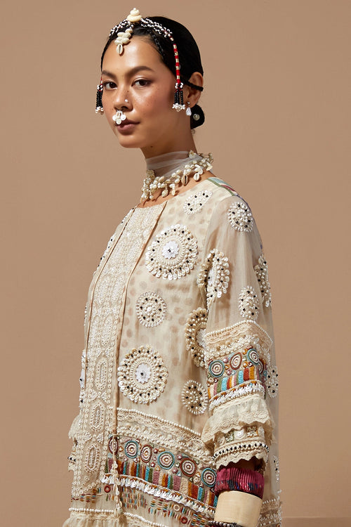 Mogra Basque Mitra Short Kurta With Multi Stripe Pants