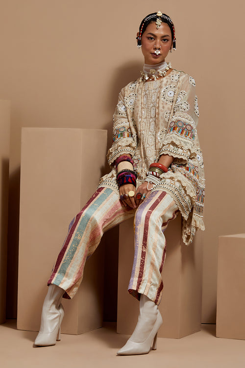 Mogra Basque Mitra Short Kurta With Multi Stripe Pants