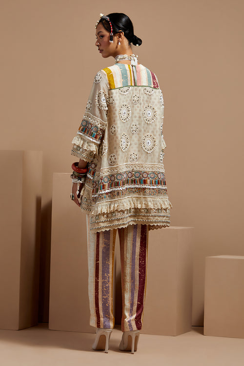 Mogra Basque Mitra Short Kurta With Multi Stripe Pants