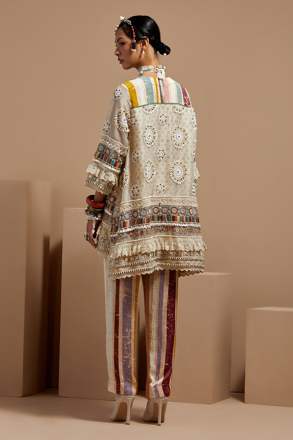 Mogra Basque Mitra Short Kurta With Multi Stripe Pants