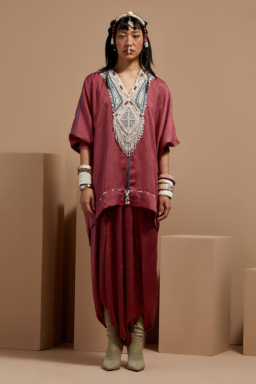 Old Rose  Basque Kuru Trapeze Kurta With Drape Pants