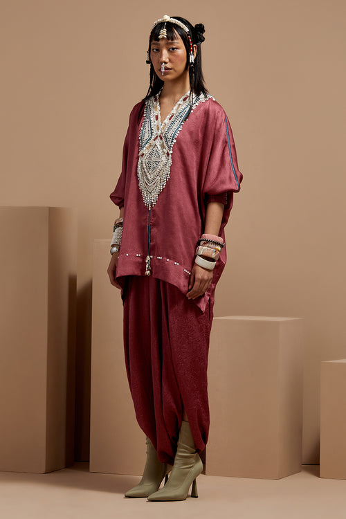 Old Rose  Basque Kuru Trapeze Kurta With Drape Pants