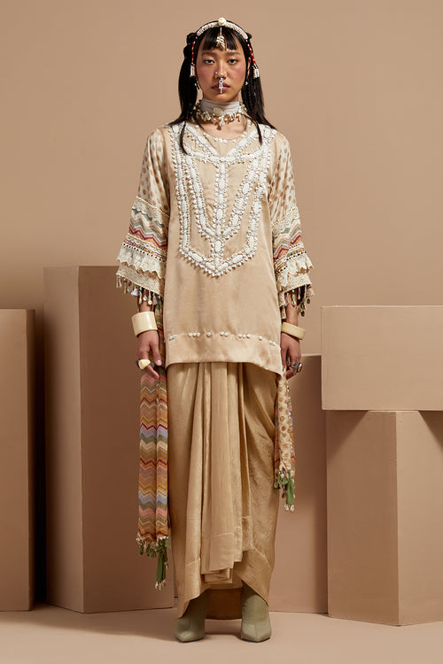 Ecru Basque Mitra Short Kurta Set With Dupatta