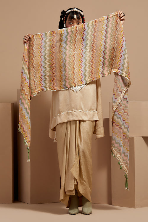Ecru Basque Mitra Short Kurta Set With Dupatta