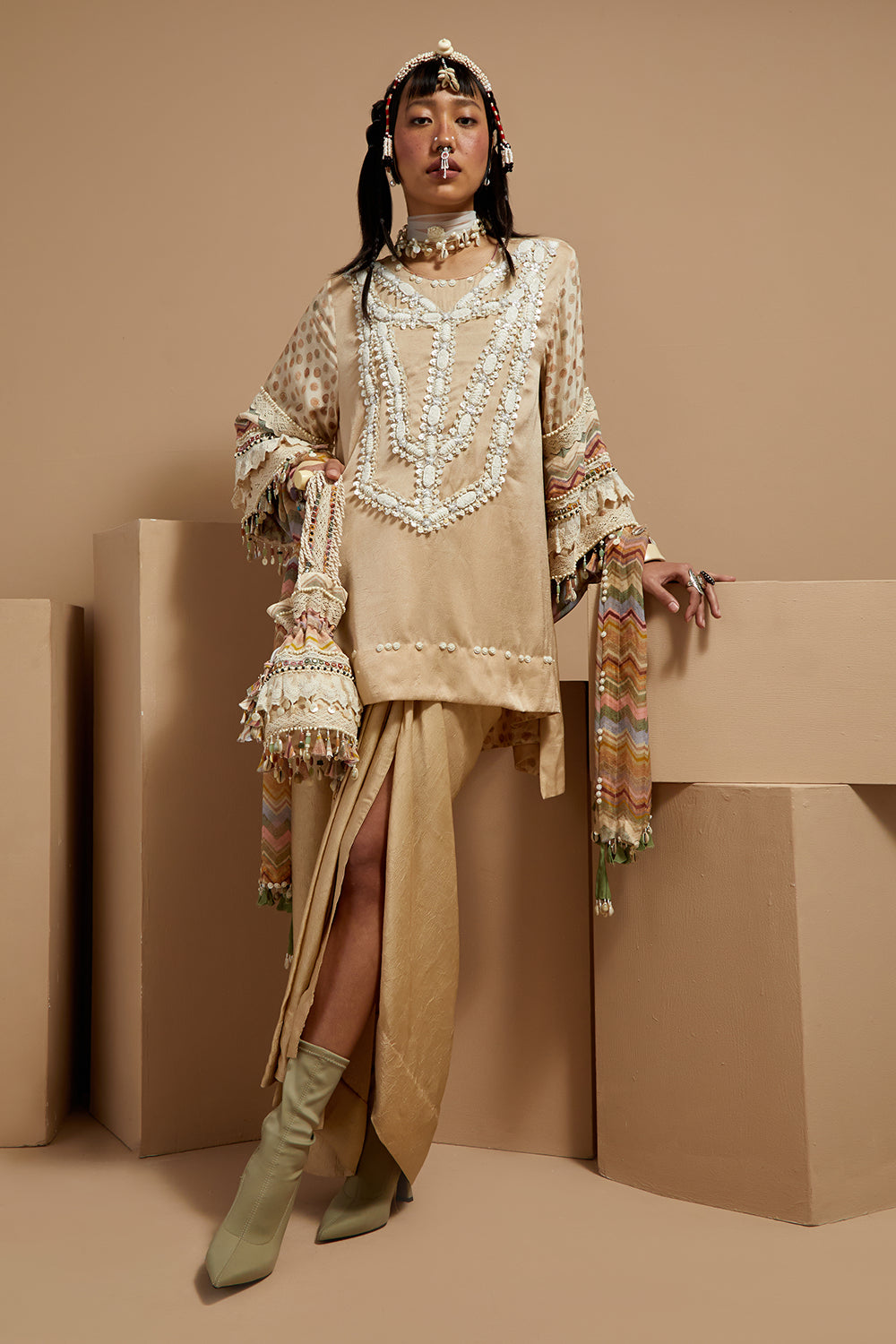 Ecru Basque Mitra Short Kurta Set With Dupatta