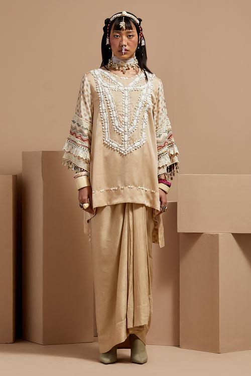 Ecru Basque Mitra Short Kurta With Drape Skirt