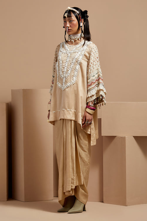 Ecru Basque Mitra Short Kurta With Drape Skirt
