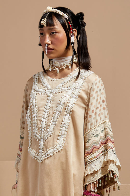 Ecru Basque Mitra Short Kurta Set With Dupatta