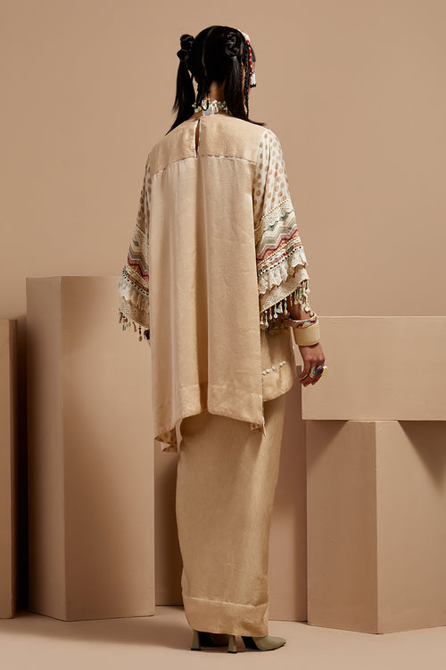 Ecru Basque Mitra Short Kurta With Drape Skirt