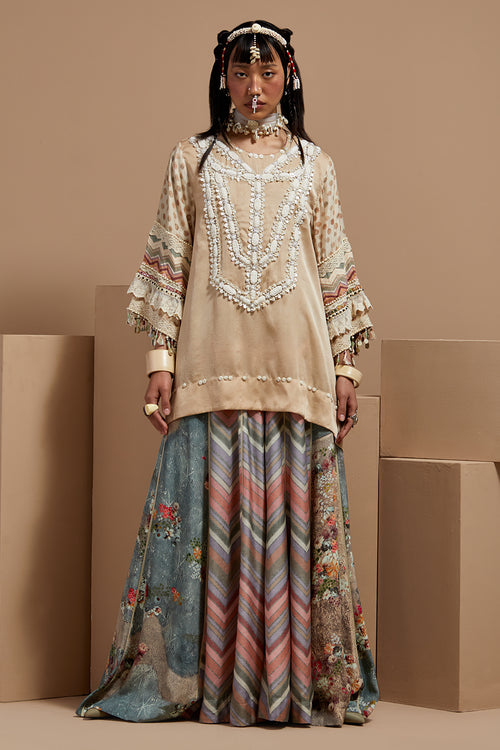 Ecru Basque Mitra Short Kurta With Flare Pants