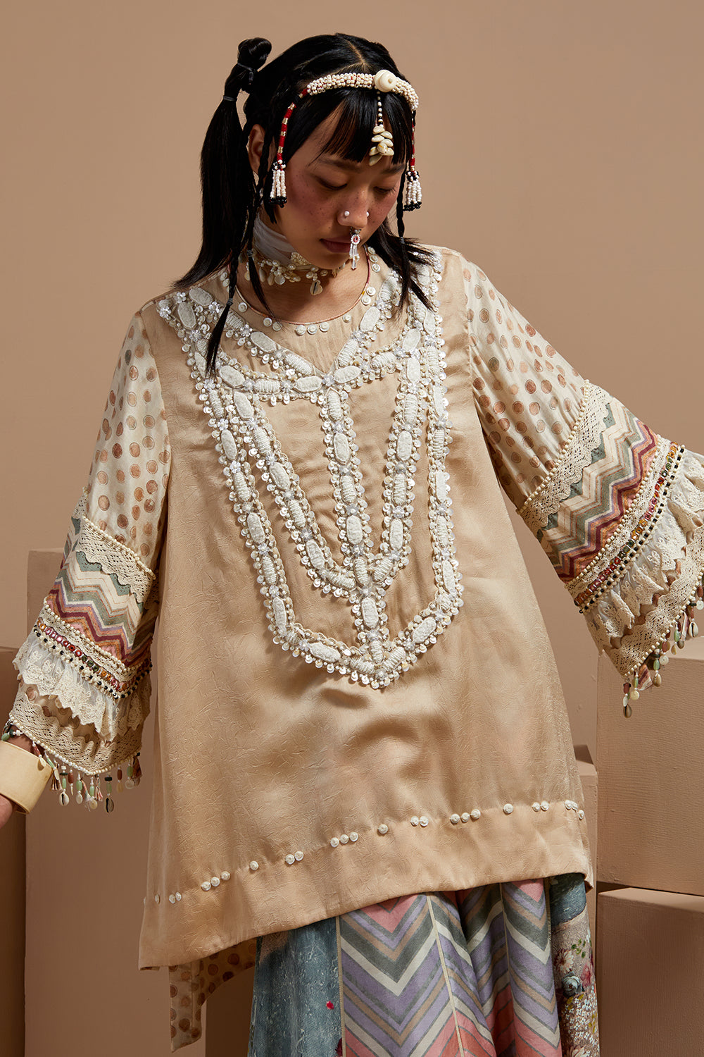 Ecru Basque Mitra Short Kurta With Flare Pants