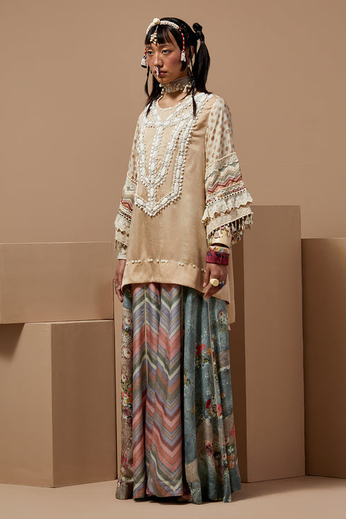 Ecru Basque Mitra Short Kurta With Flare Pants
