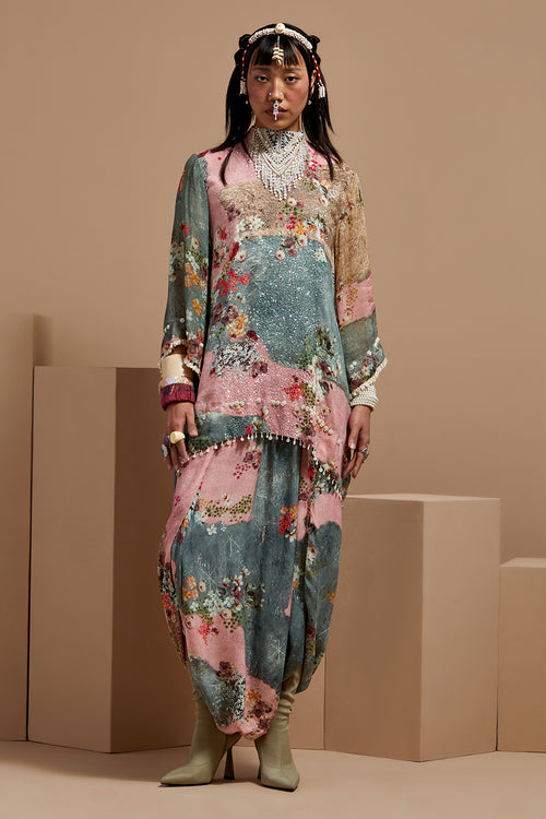 Multi Basque Mitra Short Kurta With Drape Pants
