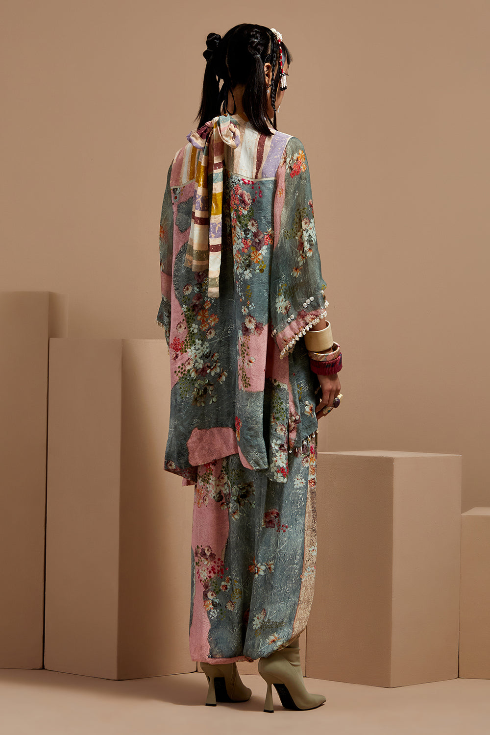 Multi Basque Mitra Short Kurta With Drape Pants