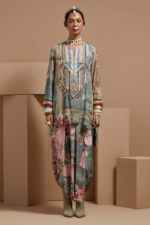 Multi Basque Mitra Embroidered Kurta With Drape Pants