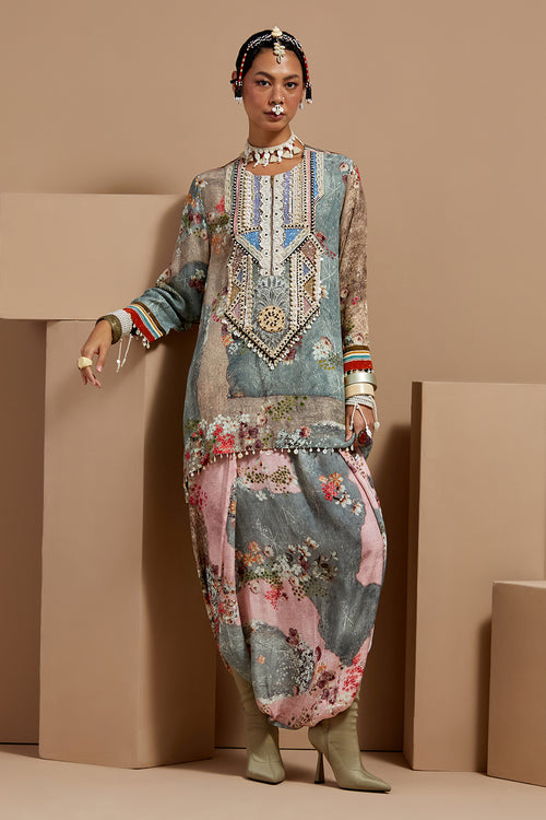 Multi Basque Mitra Embroidered Kurta With Drape Pants