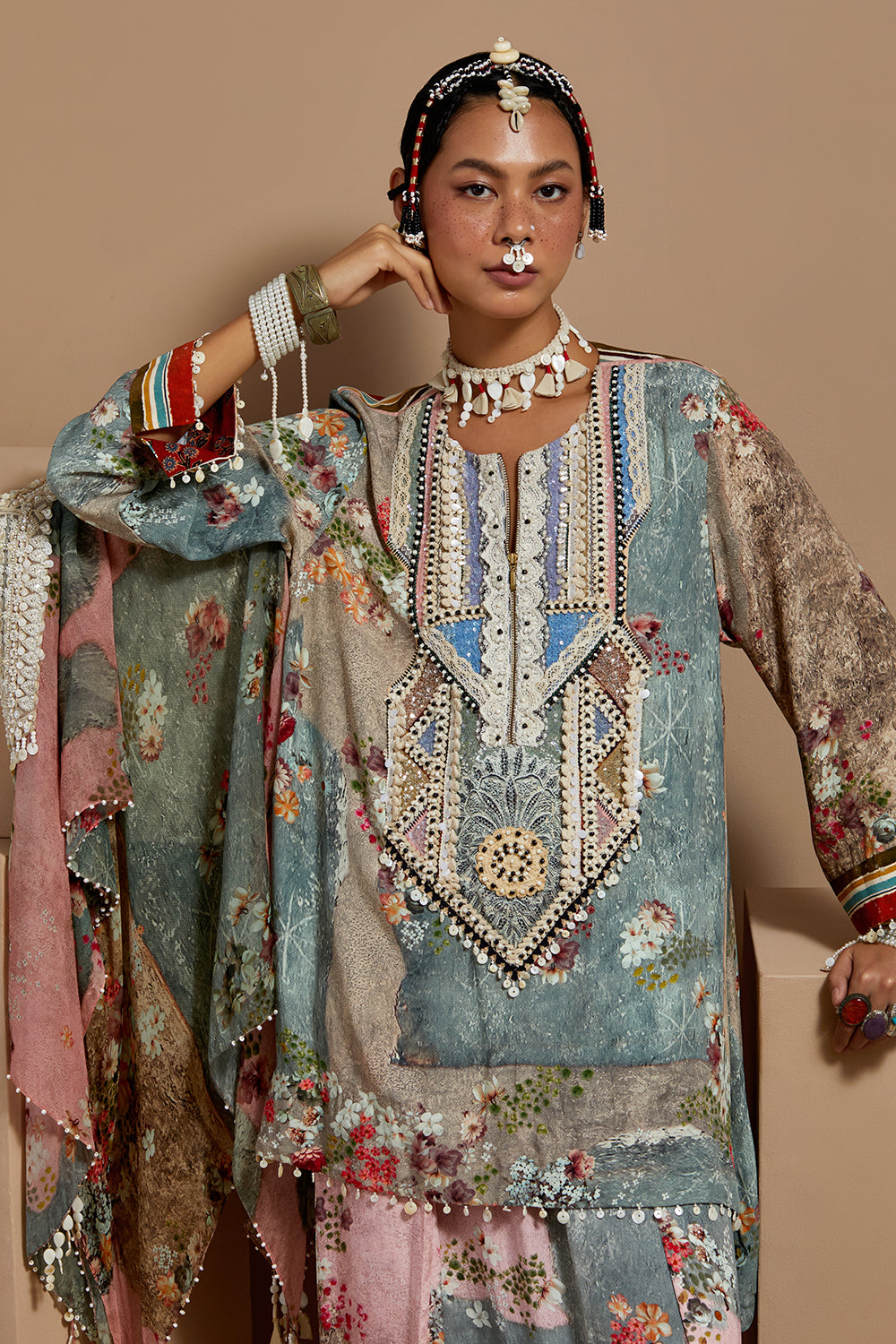Multi Basque Mitra Embroidered Kurta With Drape Pants