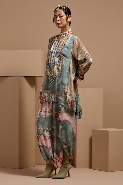 Multi Basque Mitra Embroidered Kurta With Drape Pants