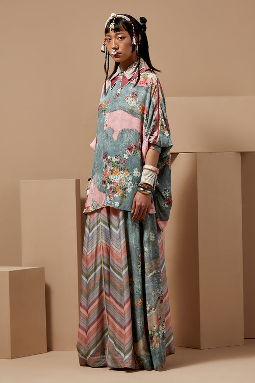Multi Basque Mandala Shirt With Flare Pants