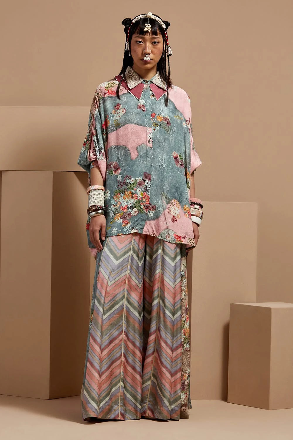 Anna Mu Basque Multi Basque Mandala Shirt With Flare Pants