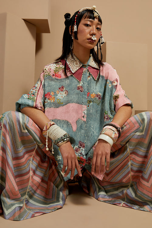 Multi Basque Mandala Shirt With Flare Pants