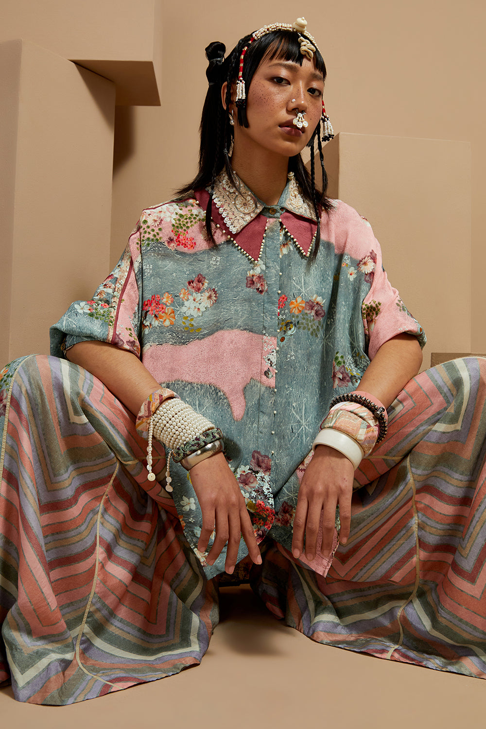 Multi Basque Mandala Shirt With Flare Pants
