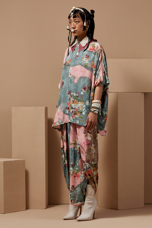 Multi Basque Mandala Shirt With Draped Pants