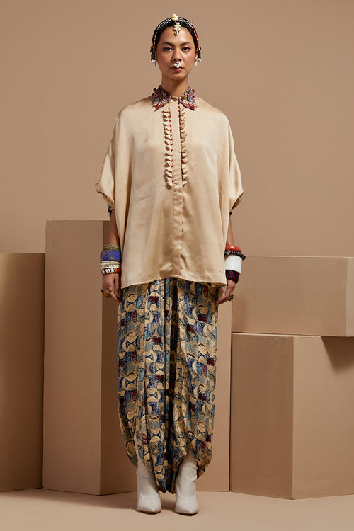 Ecru Basque Mandala Shirt With Draped Pants