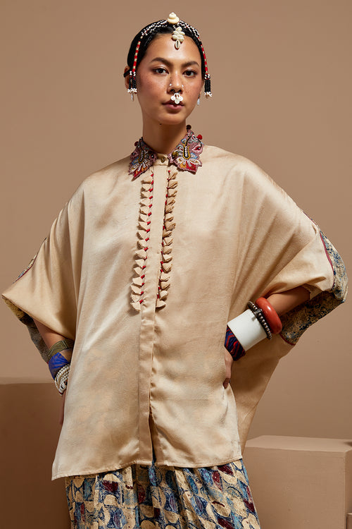 Ecru Basque Mandala Shirt With Draped Pants