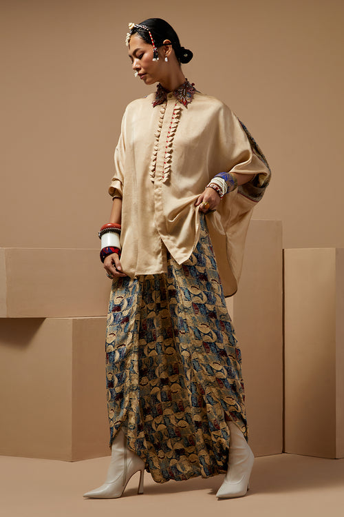 Ecru Basque Mandala Shirt With Draped Pants