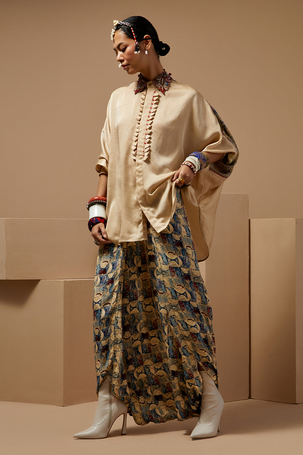 Ecru Basque Mandala Shirt With Draped Pants