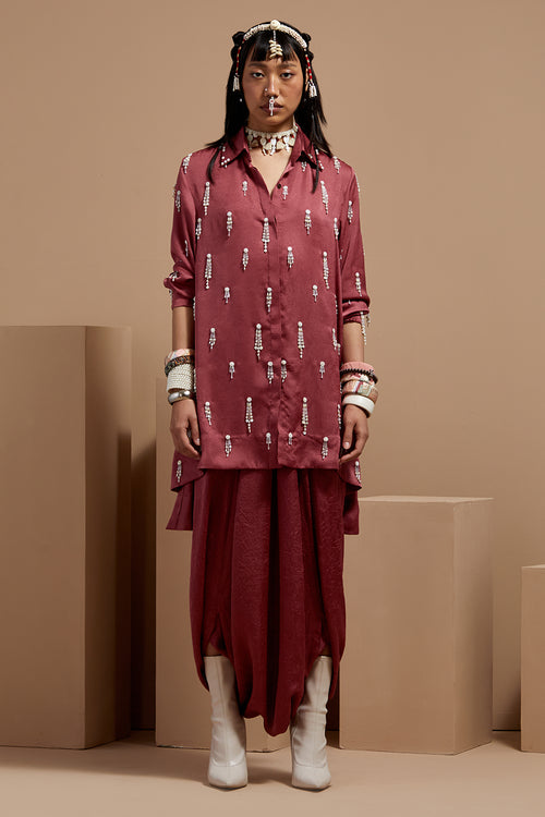 Old Rose Basque Atri Straight Shirt With Drape Pants