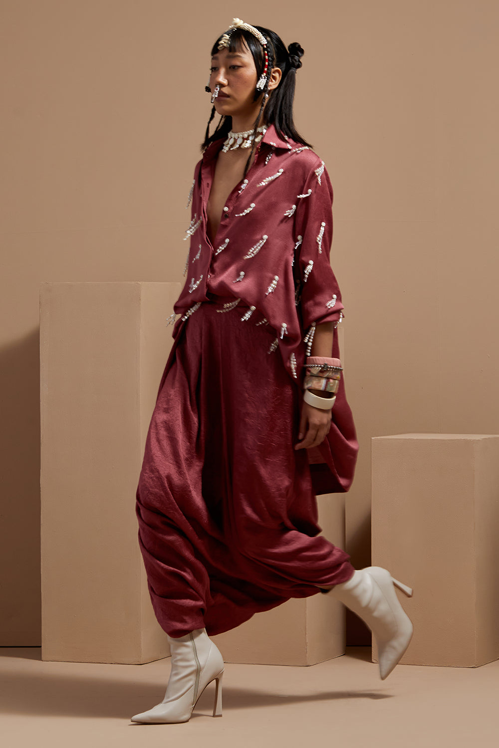 Old Rose Basque Atri Straight Shirt With Drape Pants