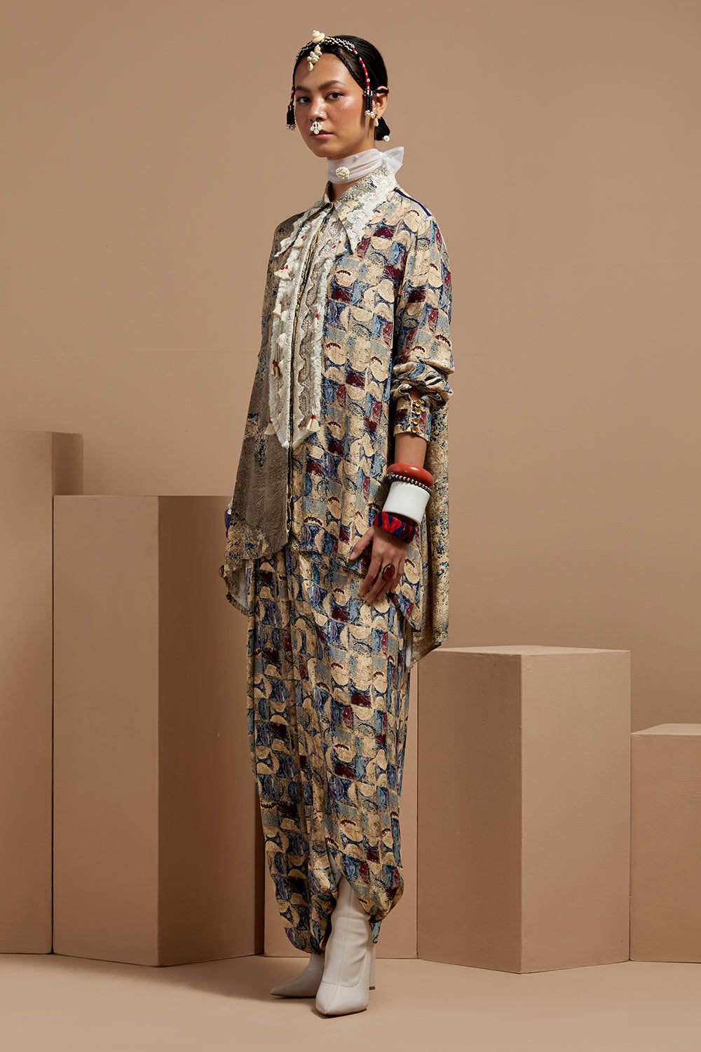 Multi Basque Atri Straight Shirt With Drape Trousers