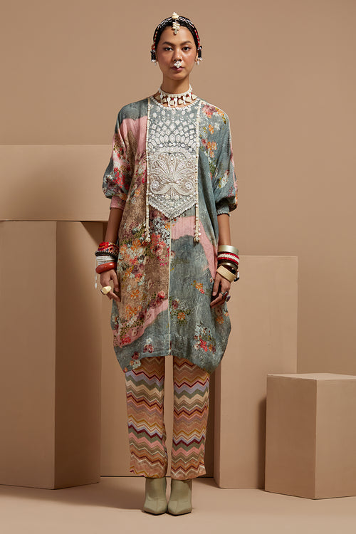 Multi Basque Ritu Kaftan Tunic With Stripe Pants