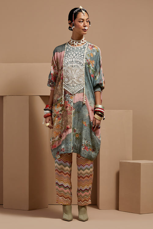 Multi Basque Ritu Kaftan Tunic With Stripe Pants