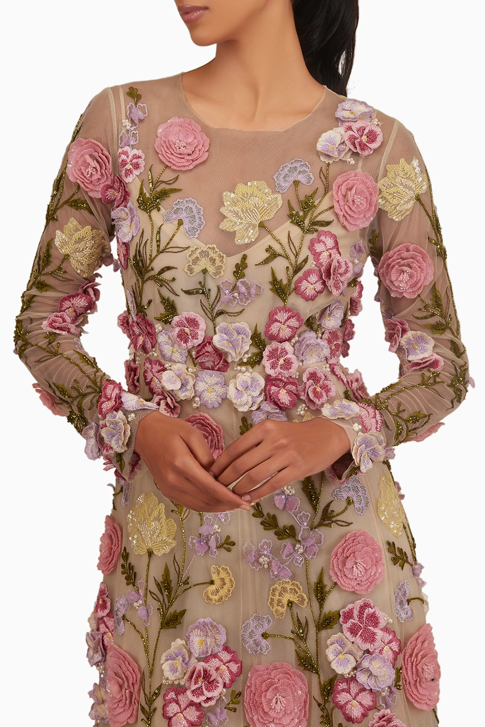 Full Sleeves 3D Floral Embellished Ott Gown